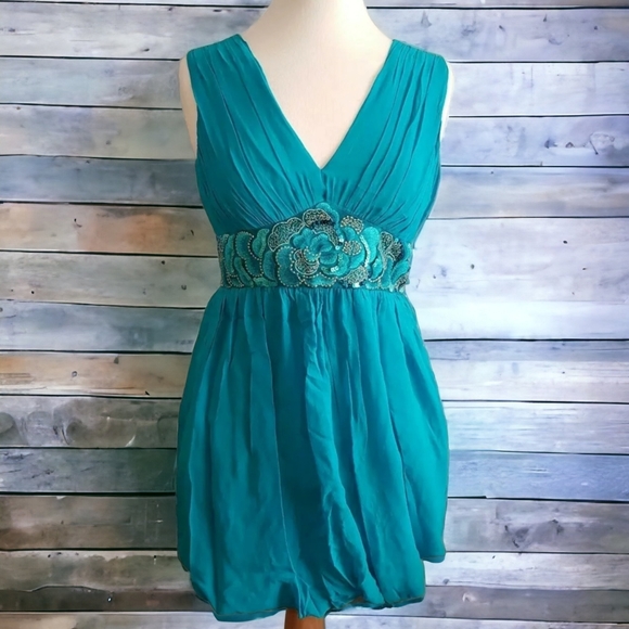 NEW MONSOON 100% Silk turquoise blue Puffball Dress Balloon Hem embellished 10uk - Picture 3 of 14